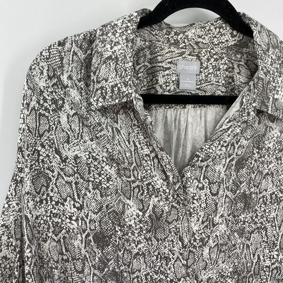 Chicos 4 Top Size XXL Gray Python Pattern Sandwashed Satin Shirt V Neck Popover - Picture 2 of 8